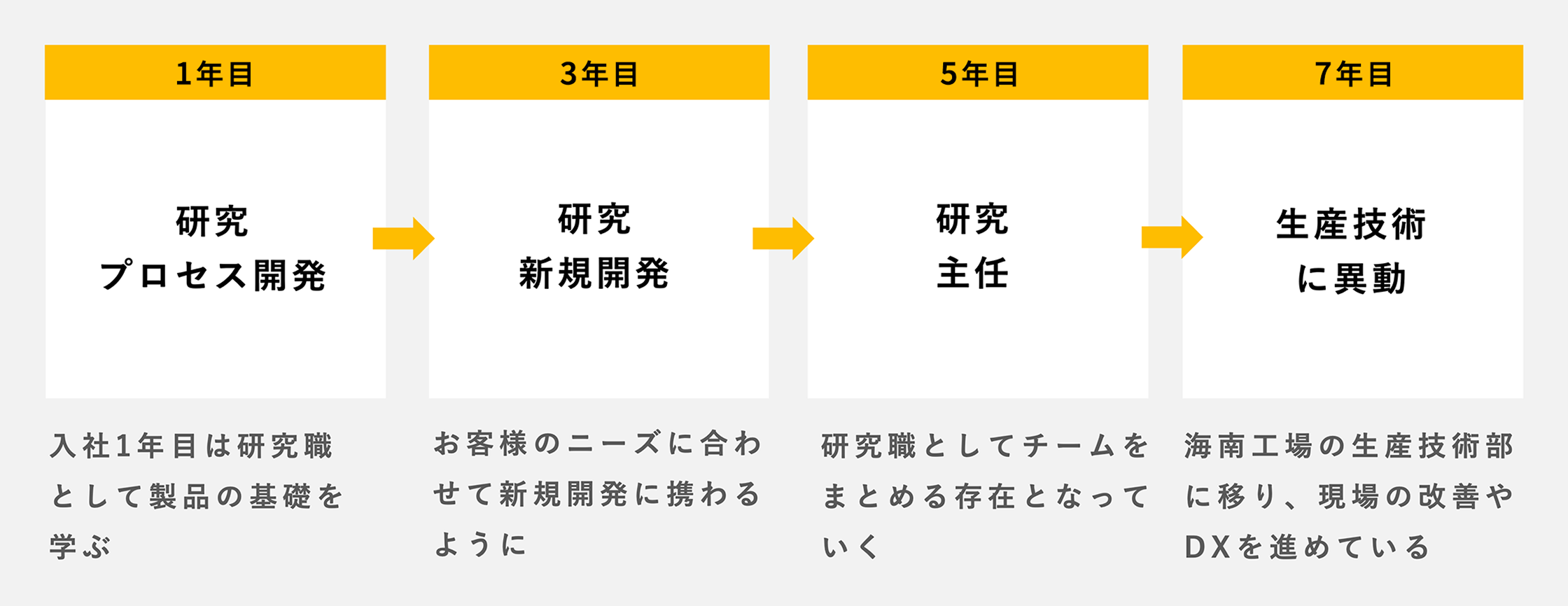 7年間のキャリアパスを示した図。1年目は「研究プロセス開発」、研究職として製品の基礎を学ぶ。3年目は「研究新規開発」、お客様のニーズに合わせて新規開発に携わるように。5年目は「研究主任」、研究職としてチームをまとめる存在となっていく。7年目は「生產技術に異動」、海南工場の生産技術部に移り、現場の改善やDXを進めている。