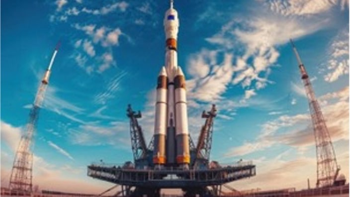 発射台で垂直に立つロケットをアオリ構図で撮影した写真。背景には青空が映り込む