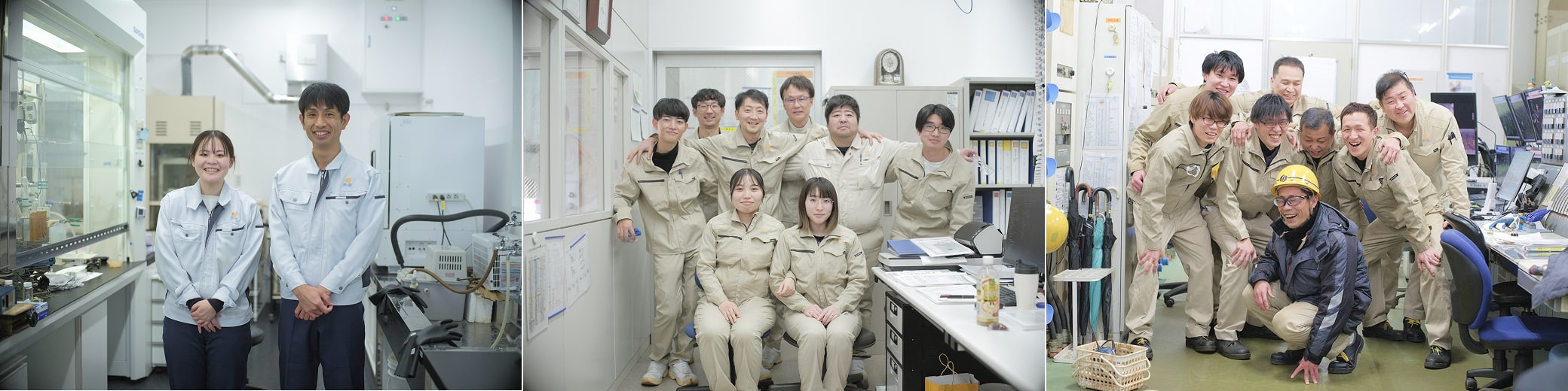 3つの写真が横一列に並ぶ画像。研究室、オフィス、現場の3つの職場と、そこで働く社員たちが笑顔で写っている